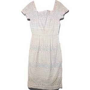 1950s Carlye Blue Eyelet Lace Ribbon Tea Dress Square Neck Mid Century